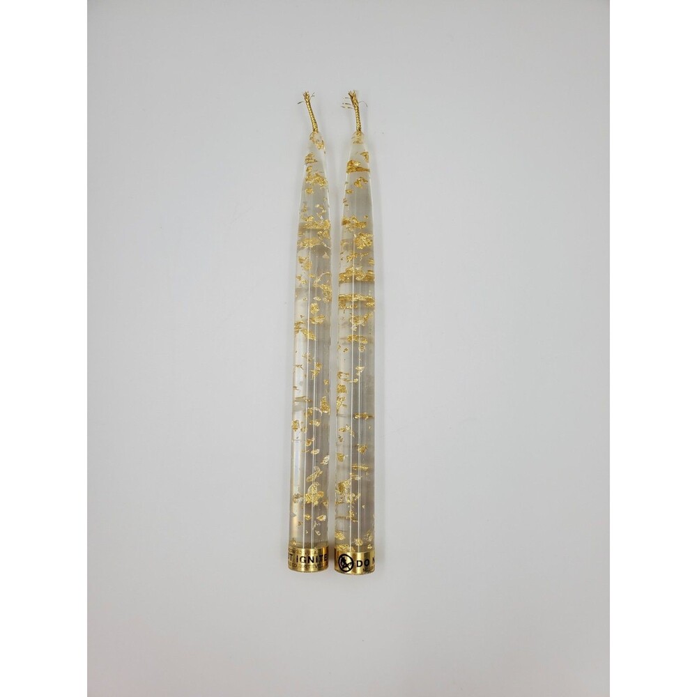 Set of 2 Vintage Lucite Taper Candles Clear With Gold Metallic Flakes 8" MCM